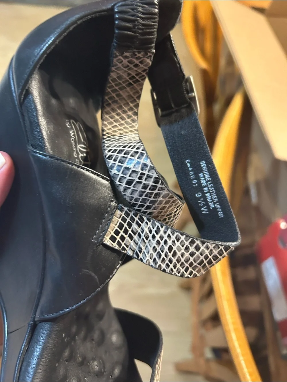 Walking Cradles Black Wedge Sandals with Snake-Print Straps
